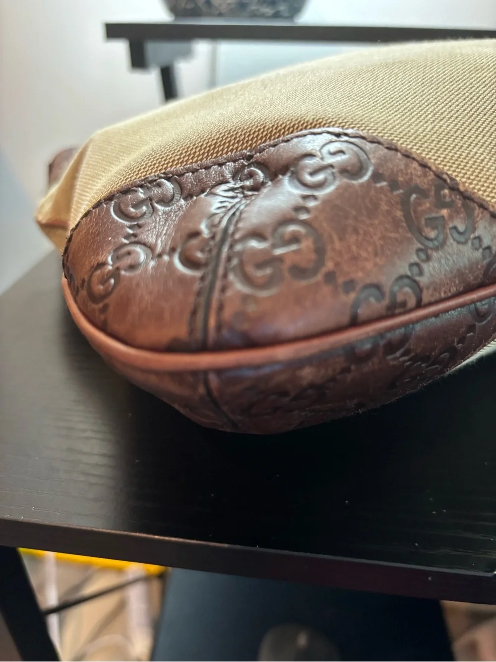 Authentic Gucci Vintage Beige Canvas Colbert Hobo Bag Brown Leather- Read Desc